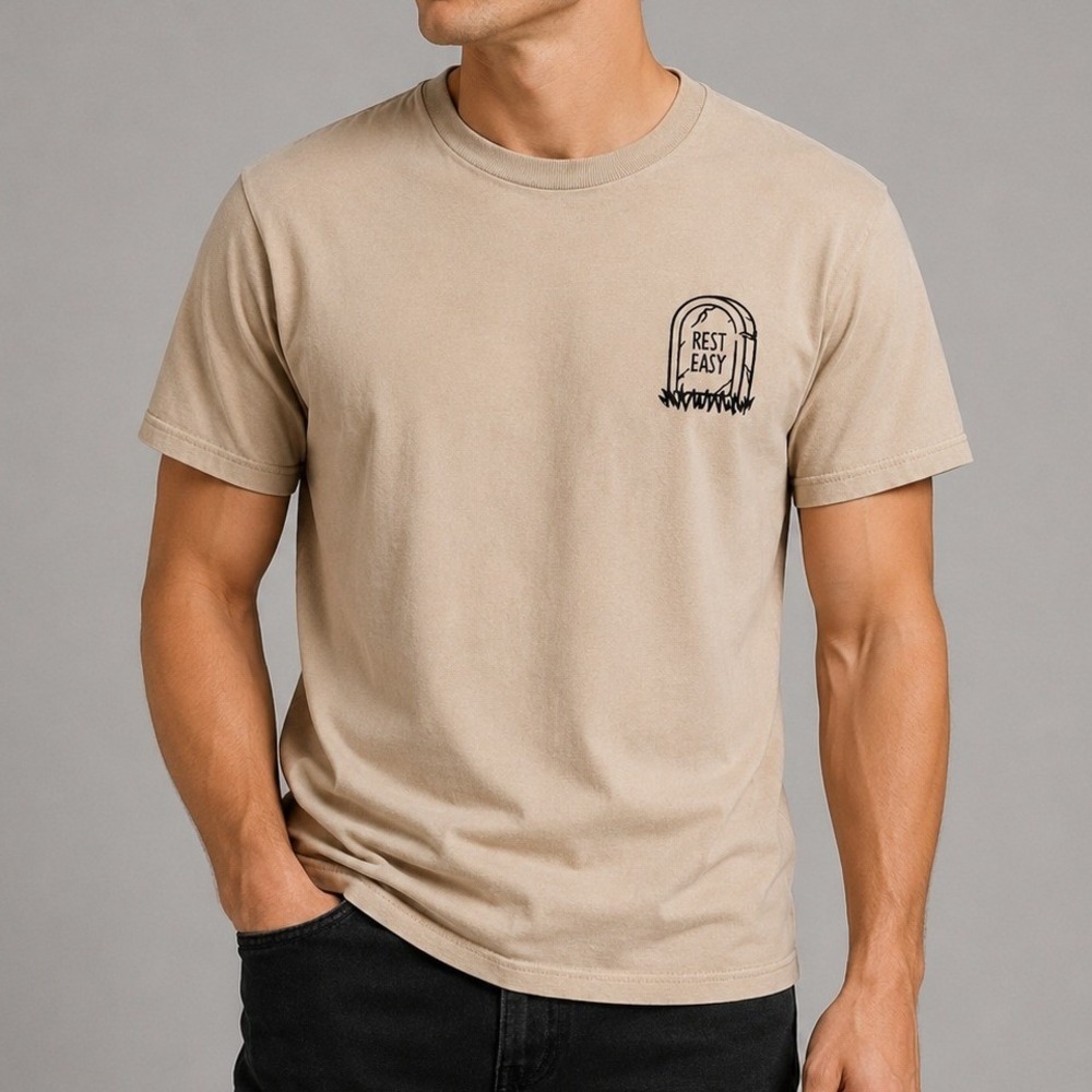 Rest Easy Mens T-Shirt Tan Skeleton No Regrets Graphic Print M